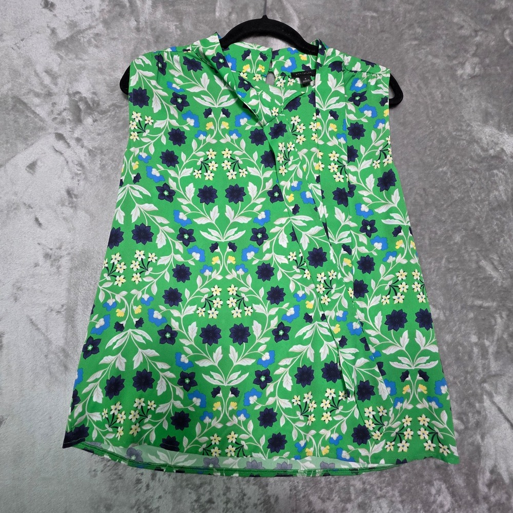 Ann Taylor Green Floral Sleeveless Tie Neck Blouse Top RN77379 Size M